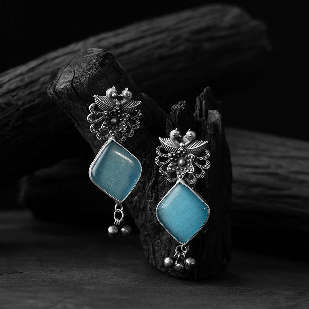 Sky blue - saanjh bela bird-flower oxidised earrings