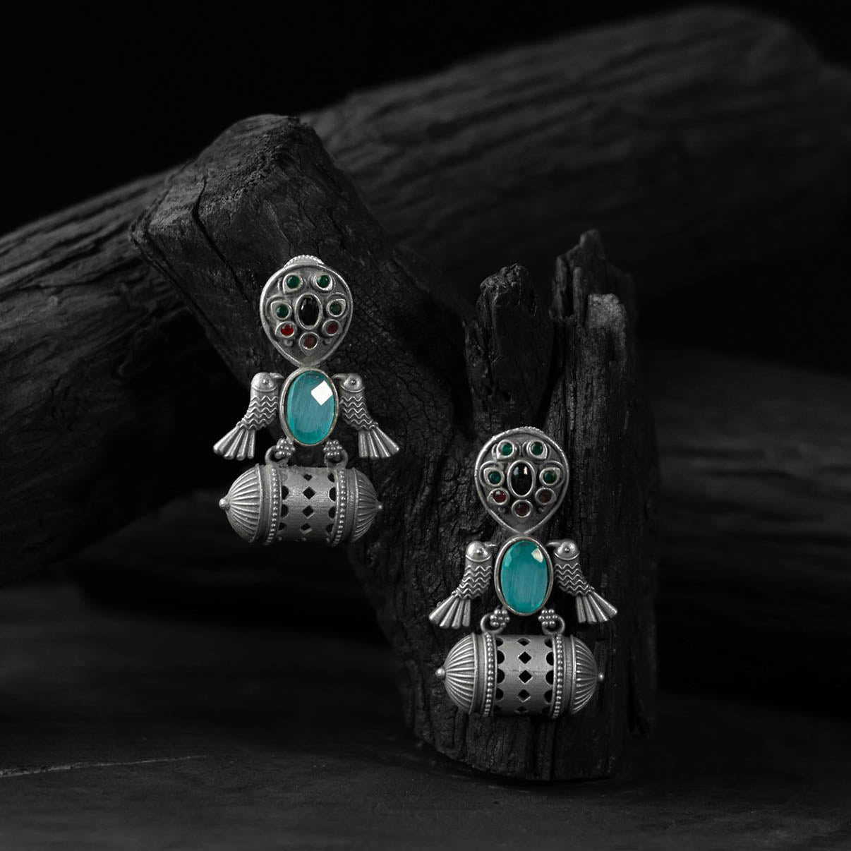 Sky blue - saanjh bela bird oxidised earrings - handcrafted