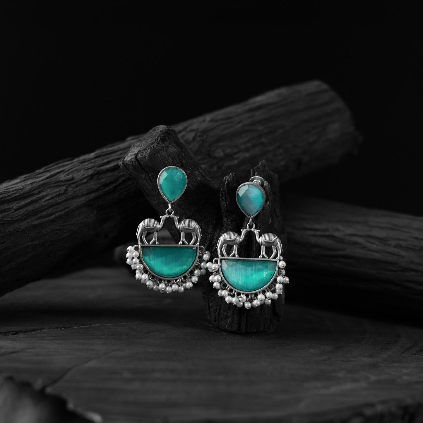 Sky blue - saanjh bela camel oxidised earrings - handcrafted