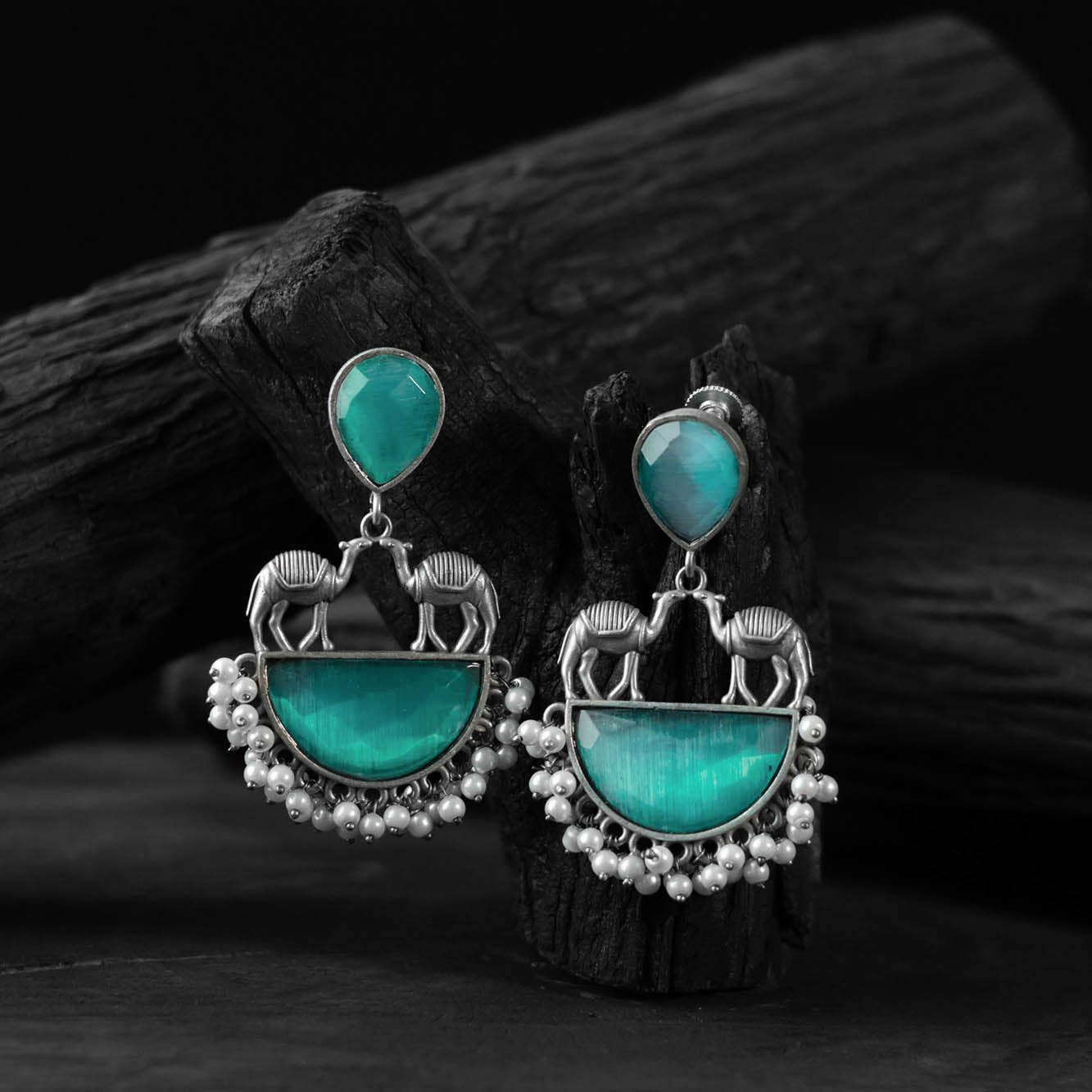 Sky blue - saanjh bela camel oxidised earrings - handcrafted