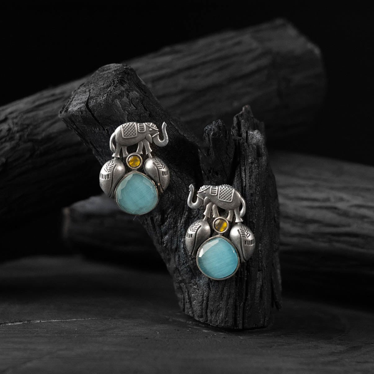 Sky blue - saanjh bela elephant & leaves oxidised earrings