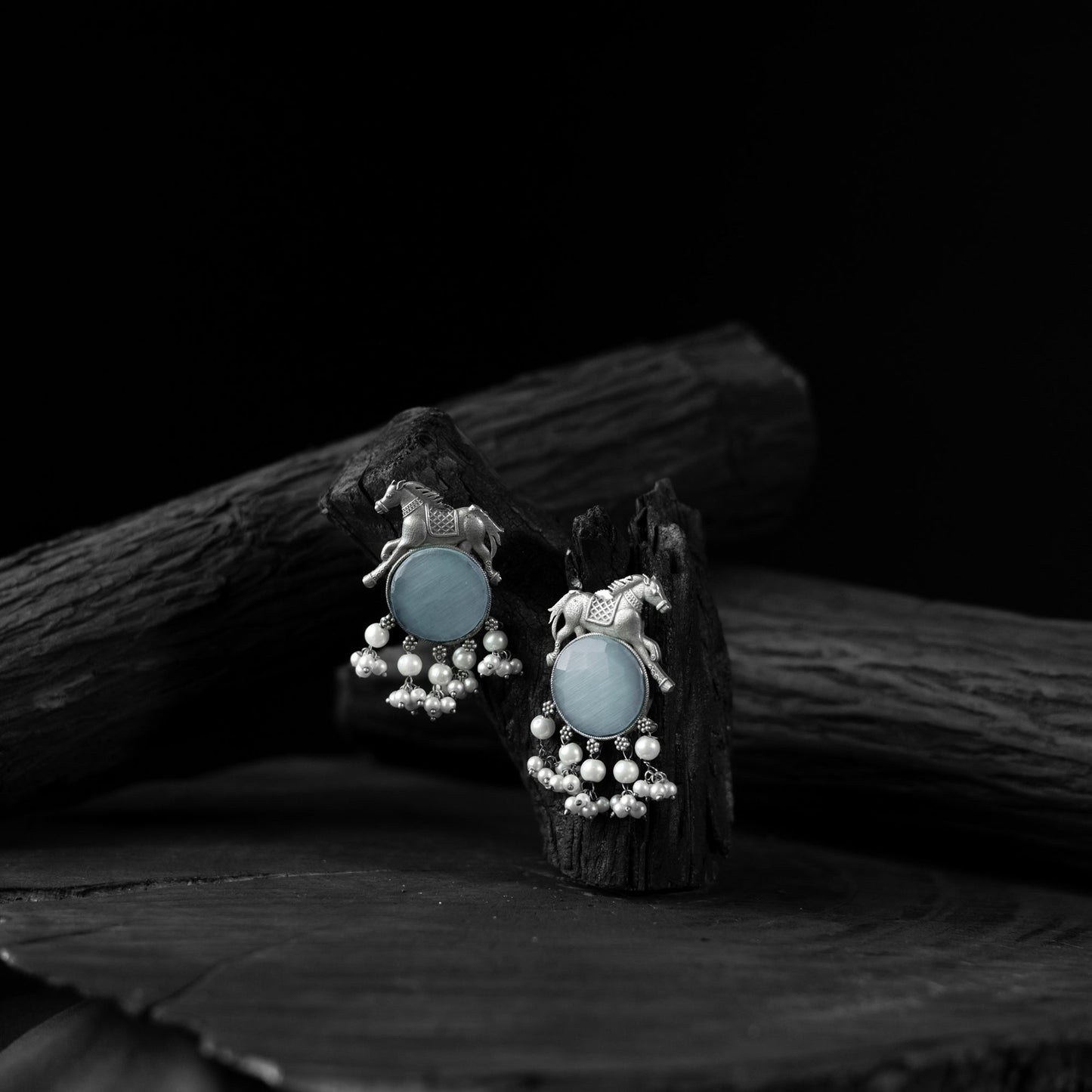 Sky blue - saanjh bela horse motif oxidised earrings