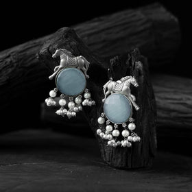 Sky blue - saanjh bela horse motif oxidised earrings