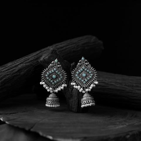 Sky blue - saanjh bela mayur oxidised jhumka earrings