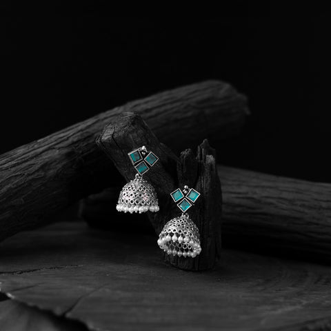 Sky blue - saanjh bela square oxidised jhumka earrings