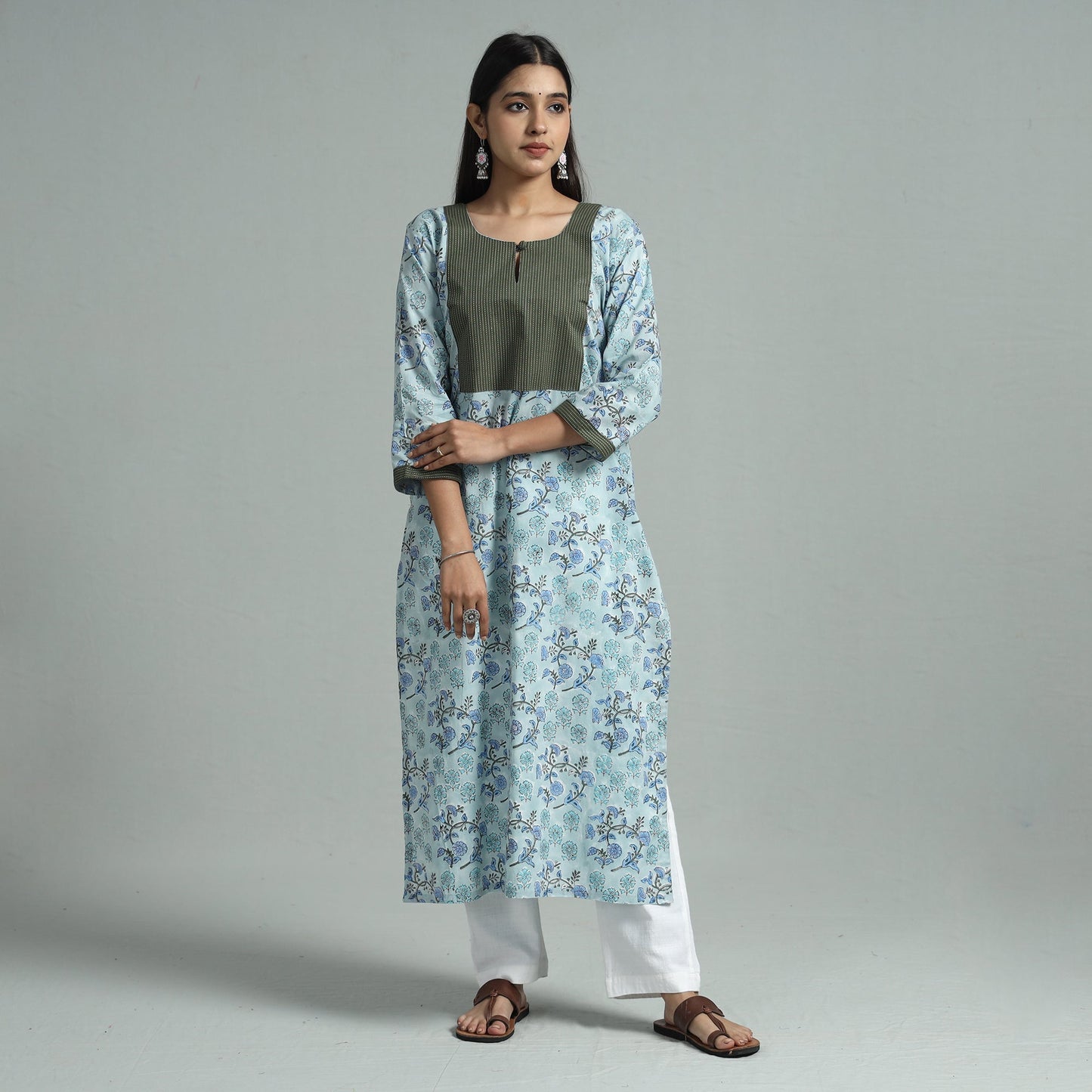 Sky blue - sanganeri block printed cotton straight kurta