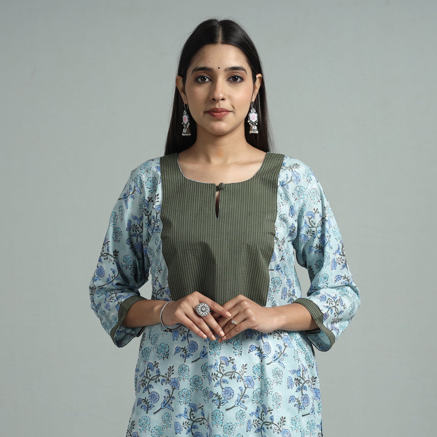 Sky blue - sanganeri block printed cotton straight kurta