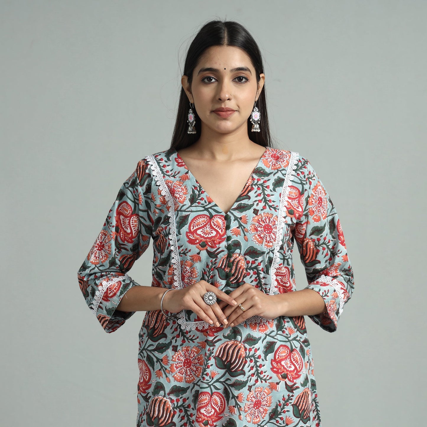Sky blue - sanganeri block printed cotton straight kurta