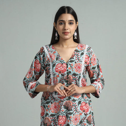 Sky blue - sanganeri block printed cotton straight kurta