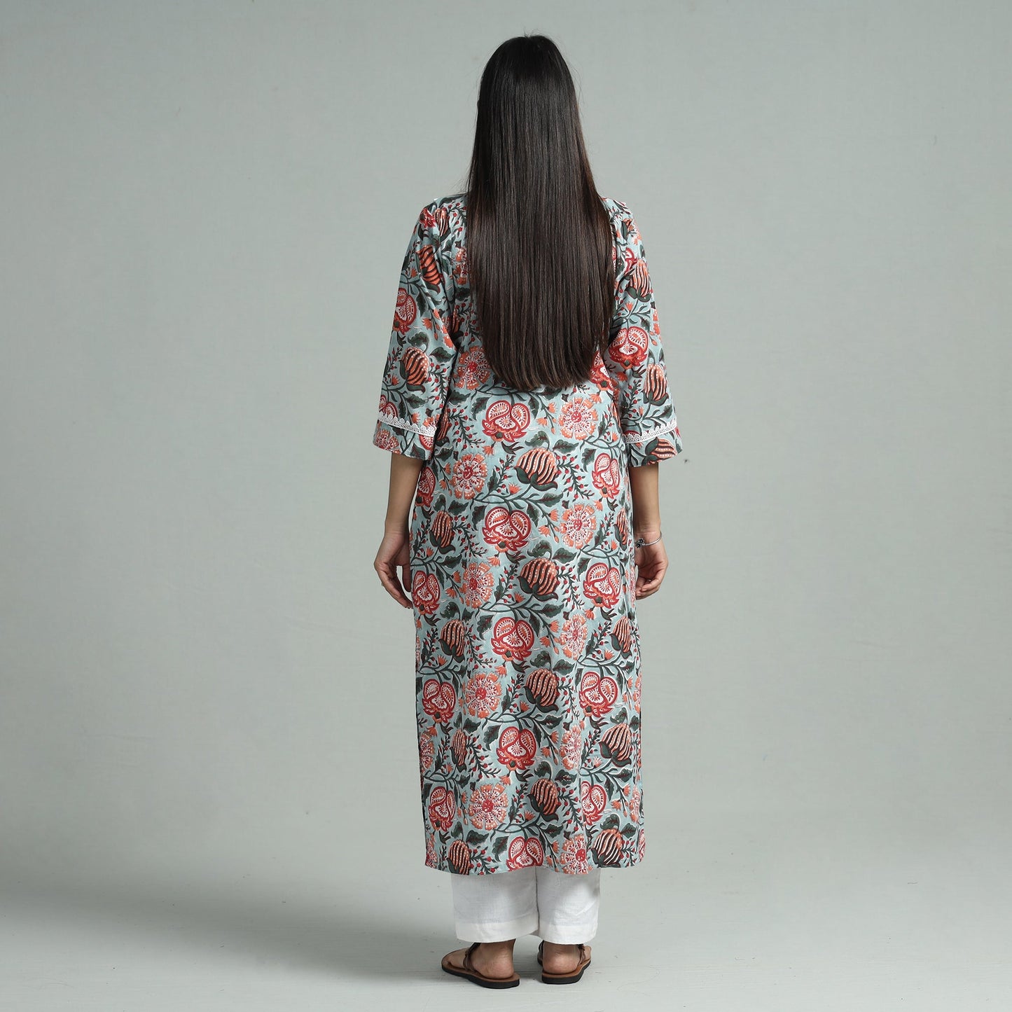 Sky blue - sanganeri block printed cotton straight kurta