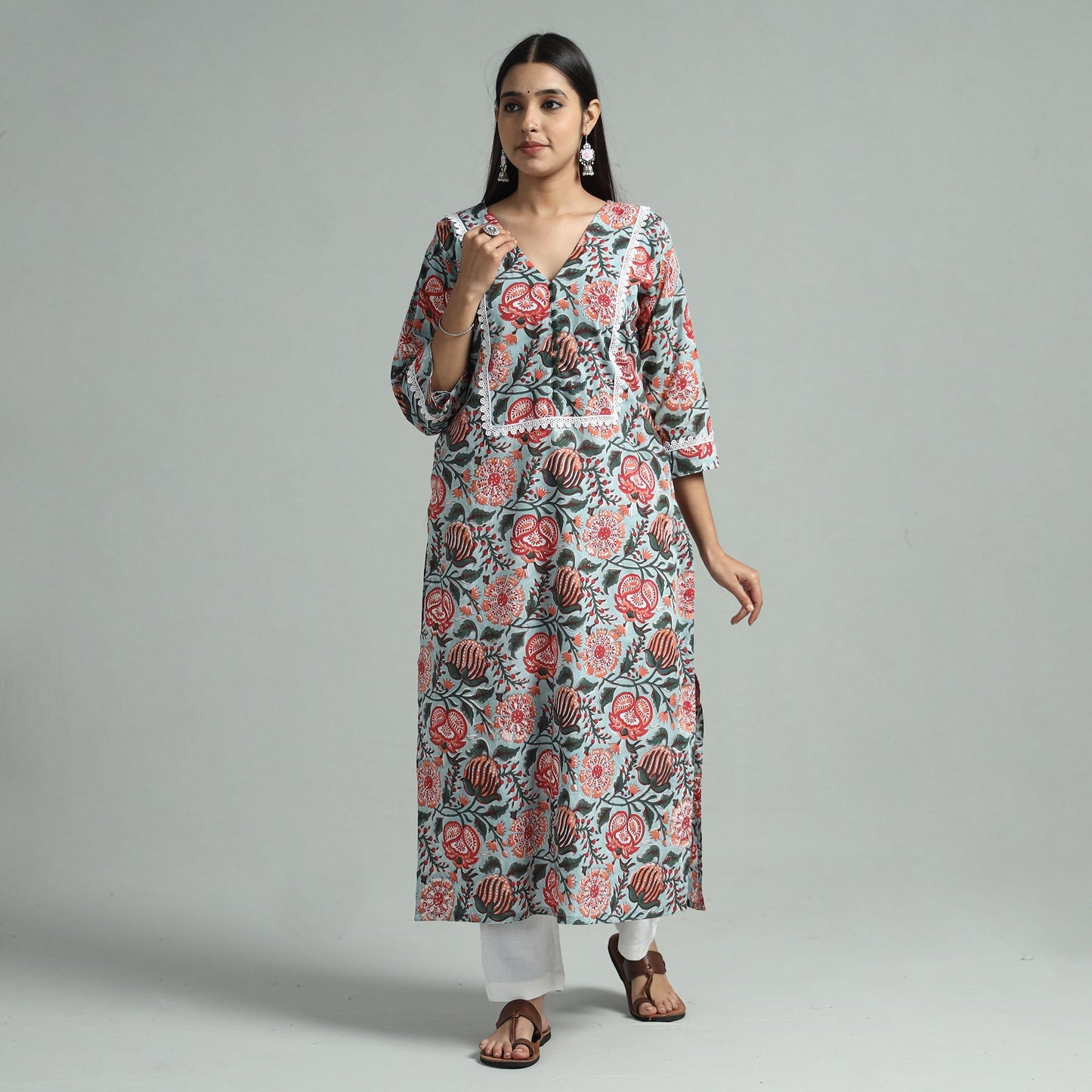 Sky blue - sanganeri block printed cotton straight kurta