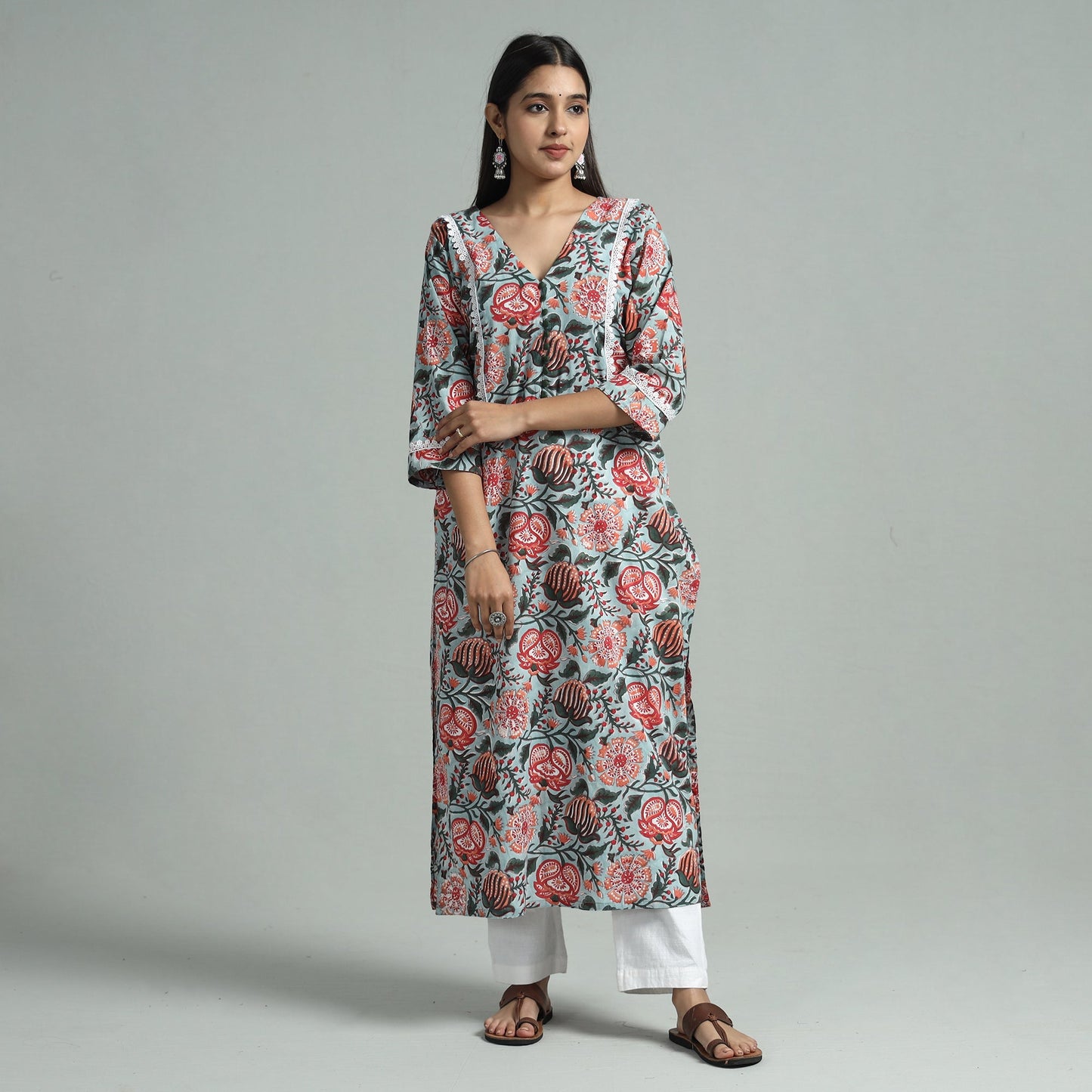 Sky blue - sanganeri block printed cotton straight kurta