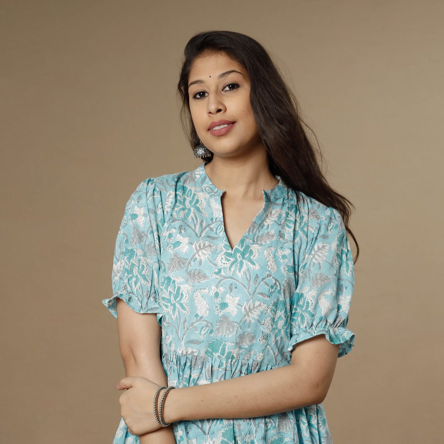 Sky blue - sanganeri printed flare cotton dress