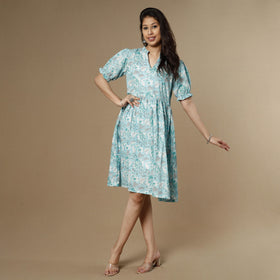 Sky blue - sanganeri printed flare cotton dress