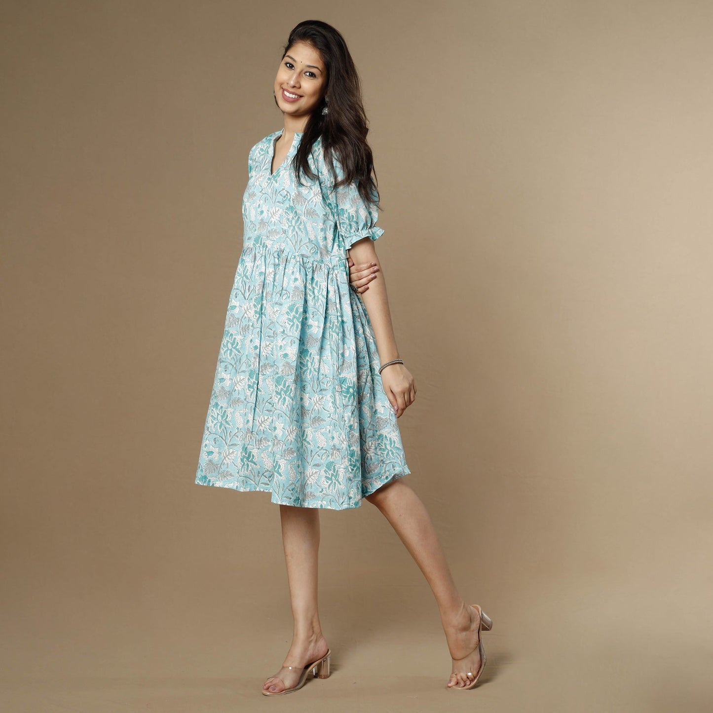 Sky blue - sanganeri printed flare cotton dress