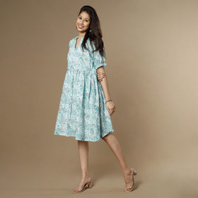 Sky blue - sanganeri printed flare cotton dress
