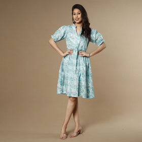Sky blue - sanganeri printed flare cotton dress