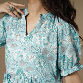 Sky blue - sanganeri printed flare cotton dress