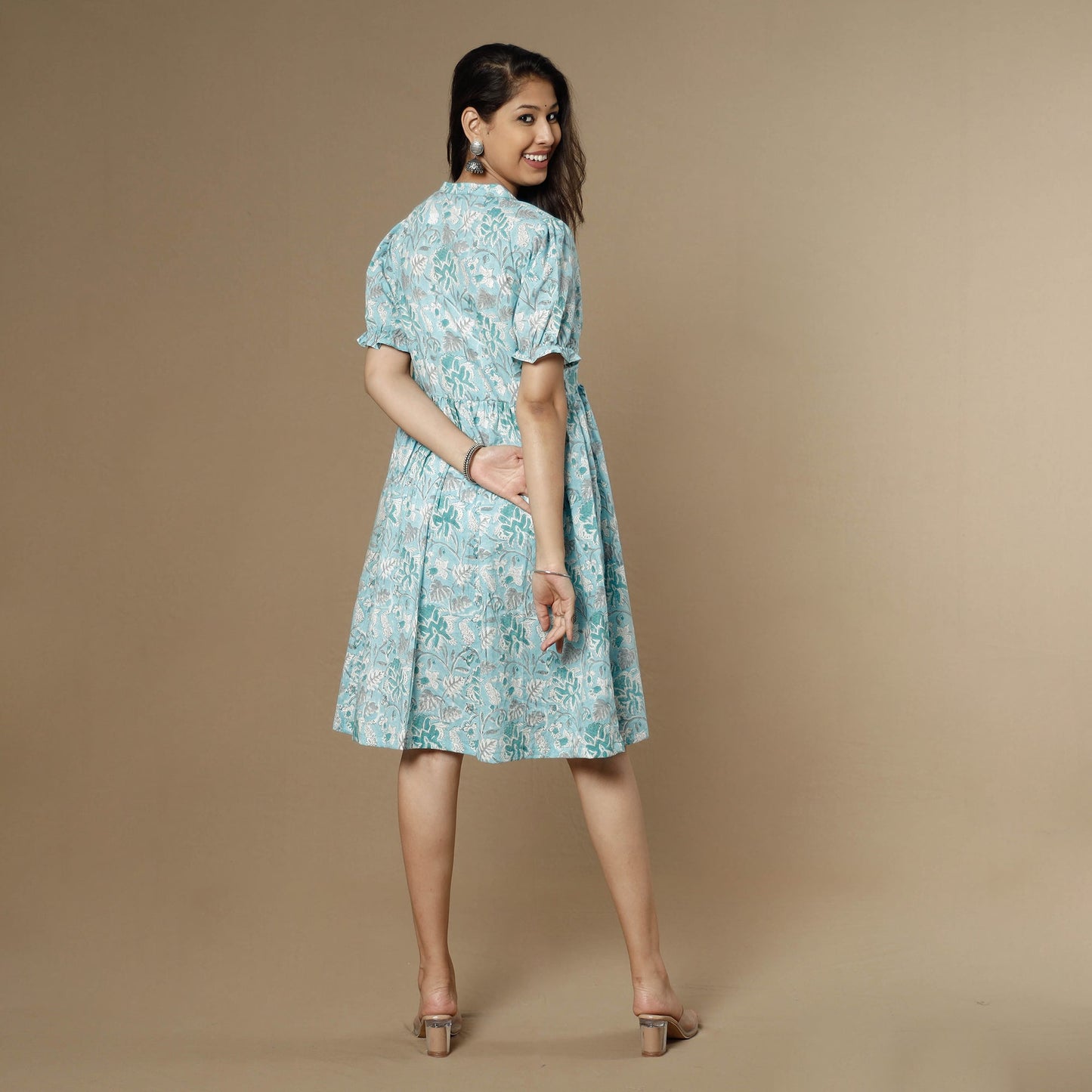 Sky blue - sanganeri printed flare cotton dress