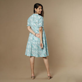 Sky blue - sanganeri printed flare cotton dress