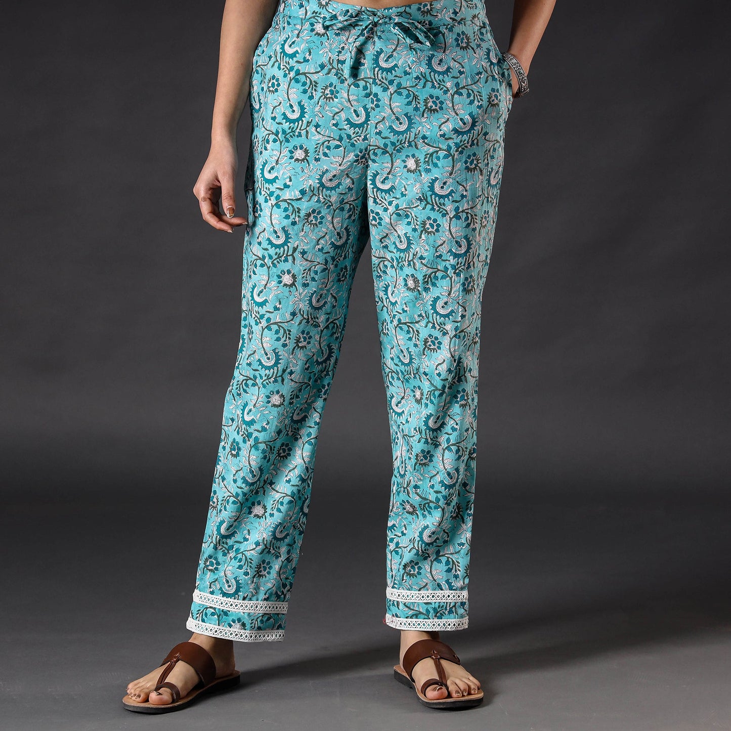 Buy Sky Blue Sanganeri Block Printing Cotton Pant Online