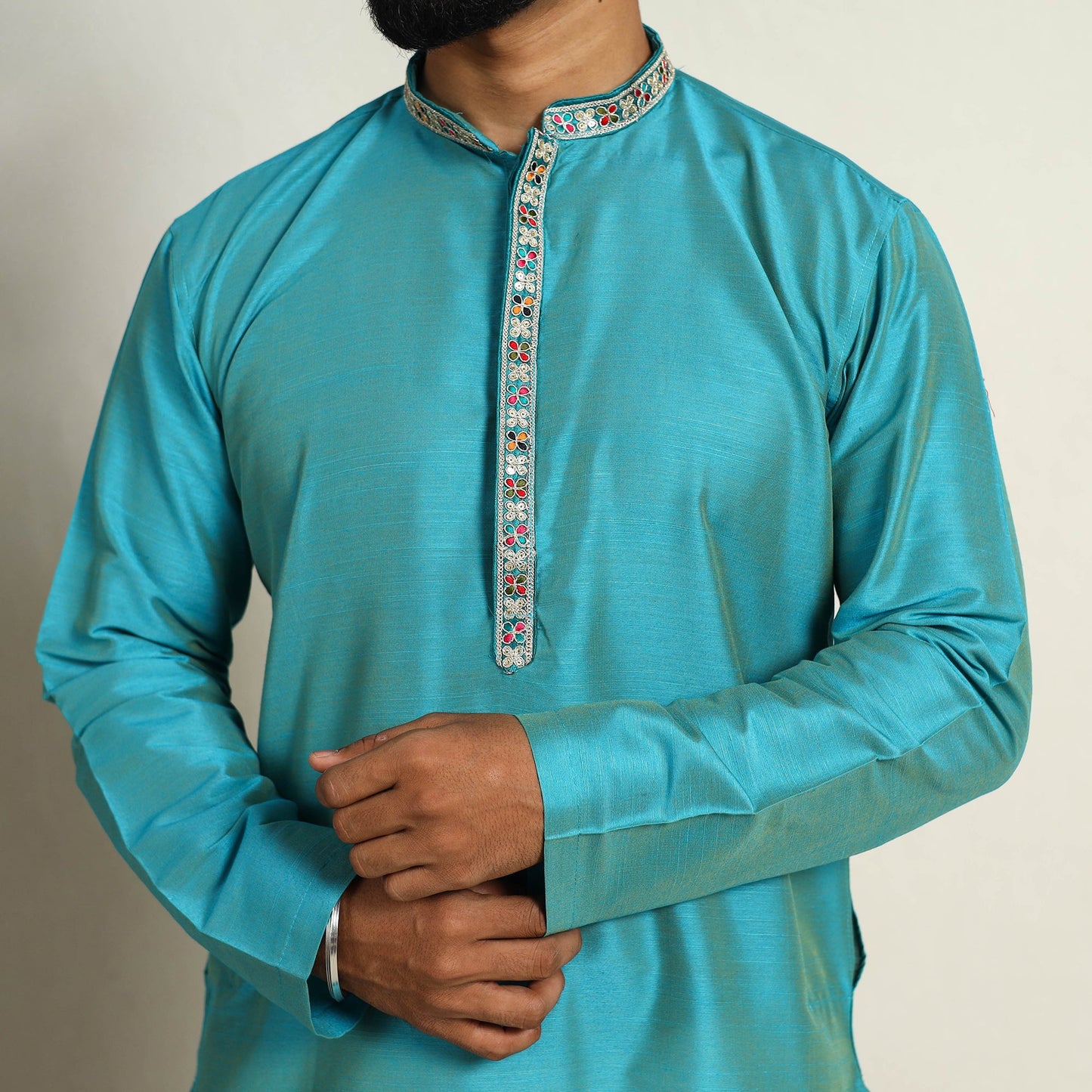 Sky Blue Slub Silk Kurta for Men with Detailed Neckline Work