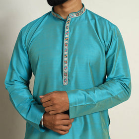 Sky Blue Slub Silk Kurta for Men with Detailed Neckline Work