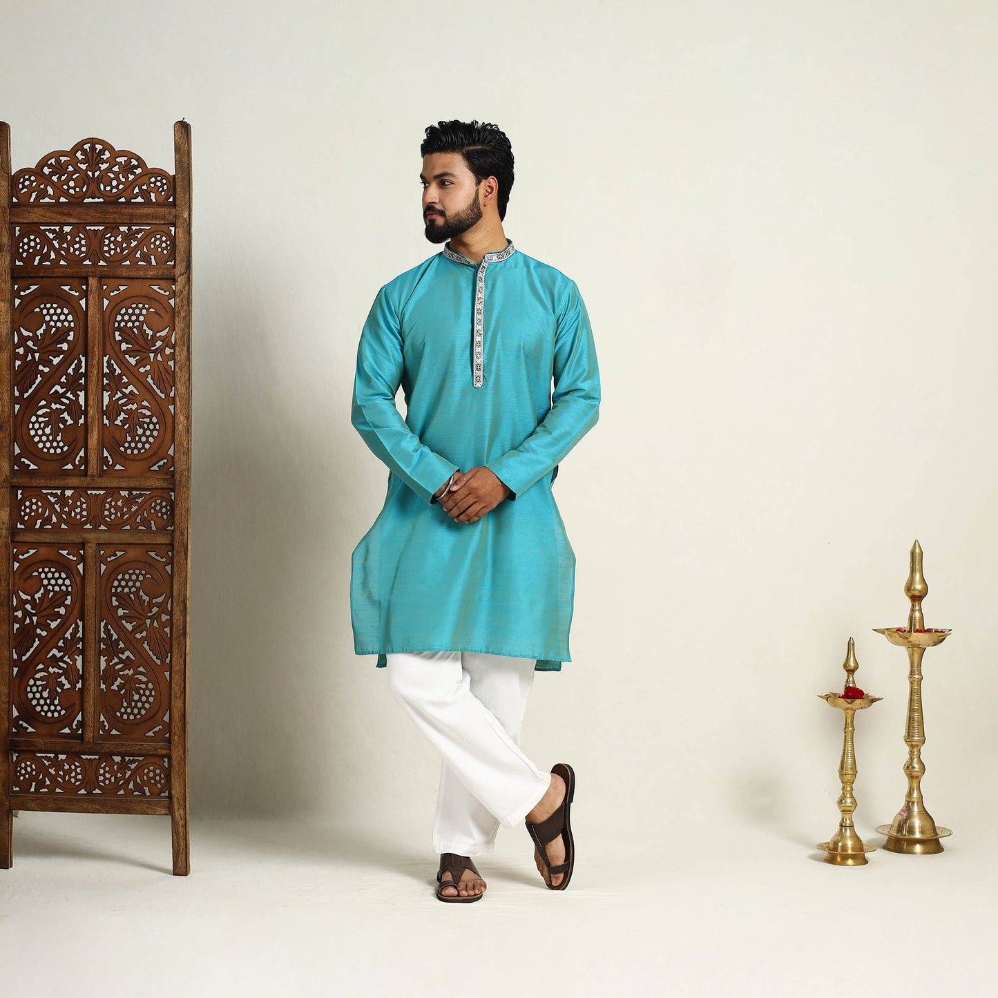 Sky Blue Slub Silk Kurta for Men with Detailed Neckline Work