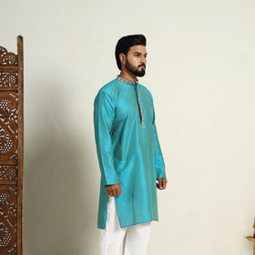 Sky Blue Slub Silk Kurta for Men with Detailed Neckline Work