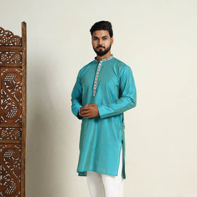 Sky Blue Slub Silk Kurta for Men with Detailed Neckline Work