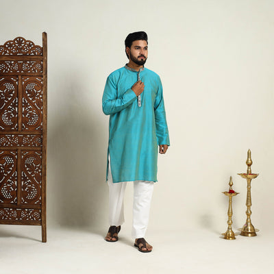 Sky Blue Slub Silk Kurta for Men with Detailed Neckline Work