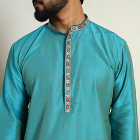 Sky Blue Slub Silk Kurta for Men with Detailed Neckline Work