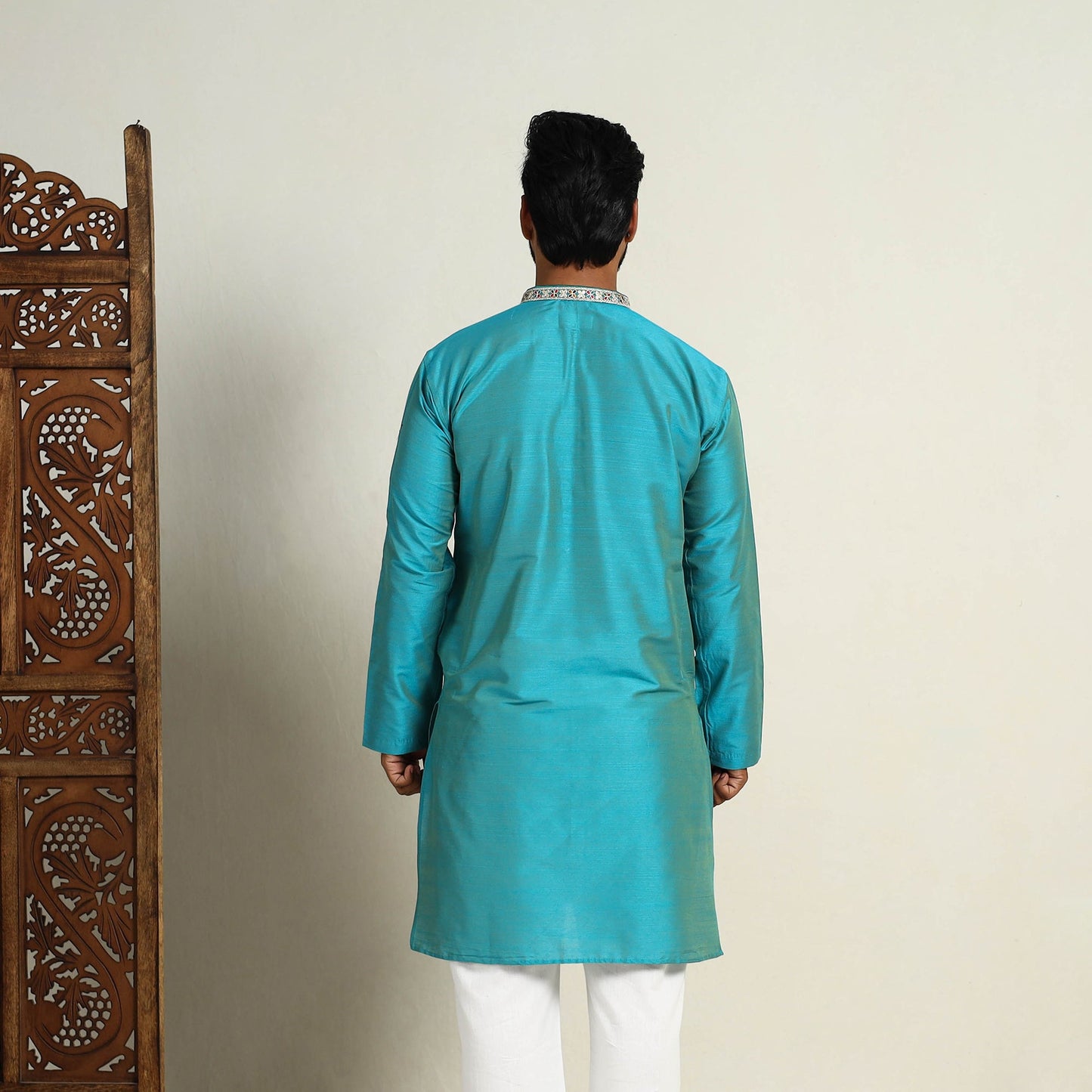Sky Blue Slub Silk Kurta for Men with Detailed Neckline Work