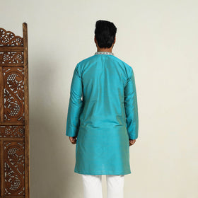 Sky Blue Slub Silk Kurta for Men with Detailed Neckline Work
