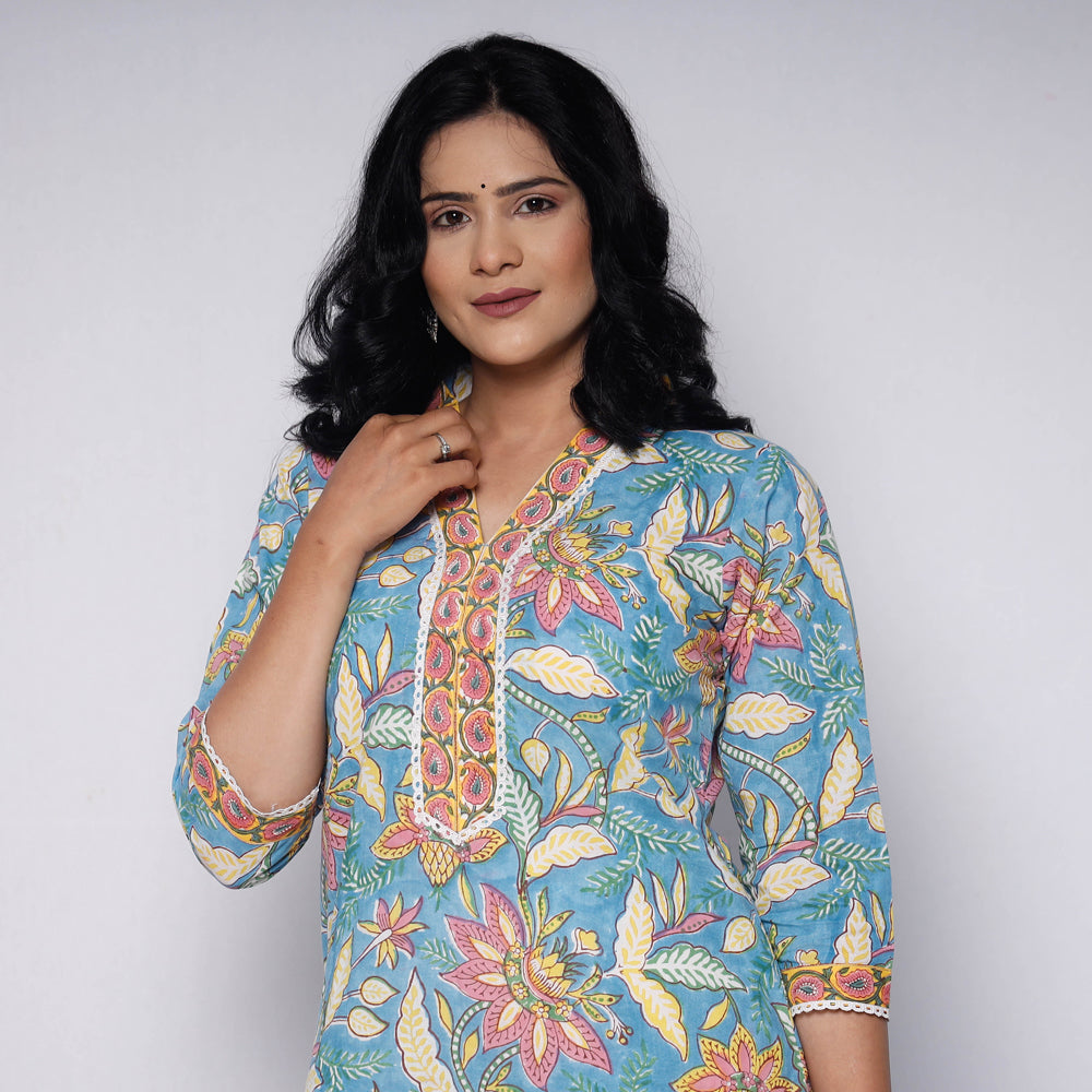 Buy Sanganeri Hand Block Printed Cotton Long Kurta with Palazzo Set Online l iTokri.com