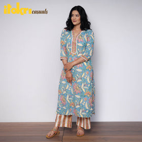 Buy Sanganeri Hand Block Printed Cotton Long Kurta with Palazzo Set Online l iTokri.com