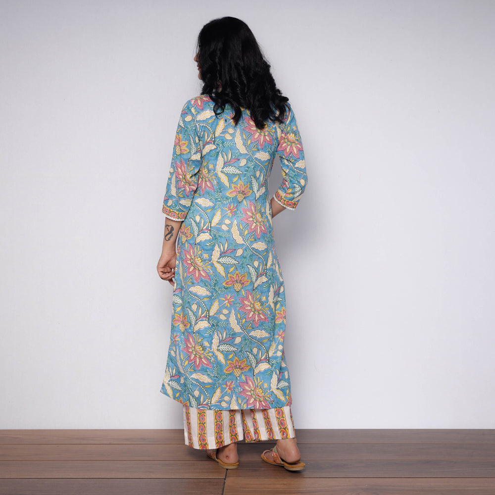 Buy Sanganeri Hand Block Printed Cotton Long Kurta with Palazzo Set Online l iTokri.com