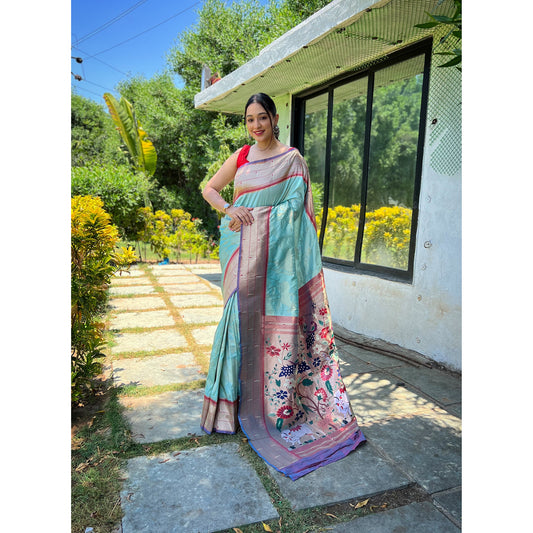 Green - Gauri Sky Paithani Silk Handwork Saree