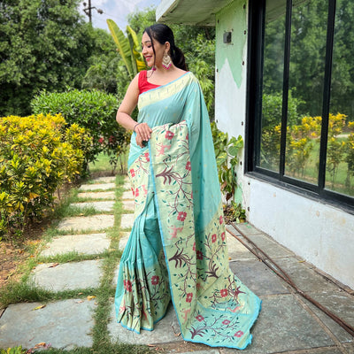 Green - Gayatri Sky Paithani Silk Handwork Saree