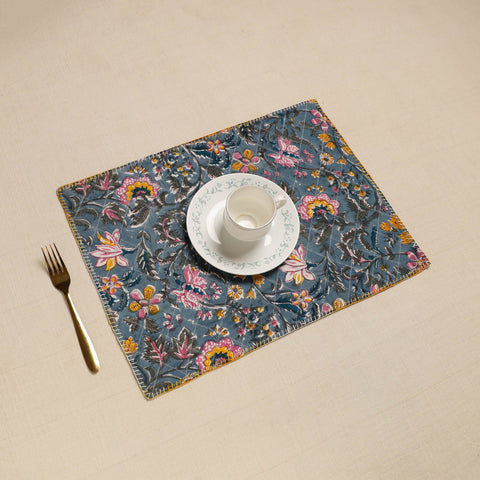 Slate Blue Hand Embroidered Floral Cotton Reversible Table Mat