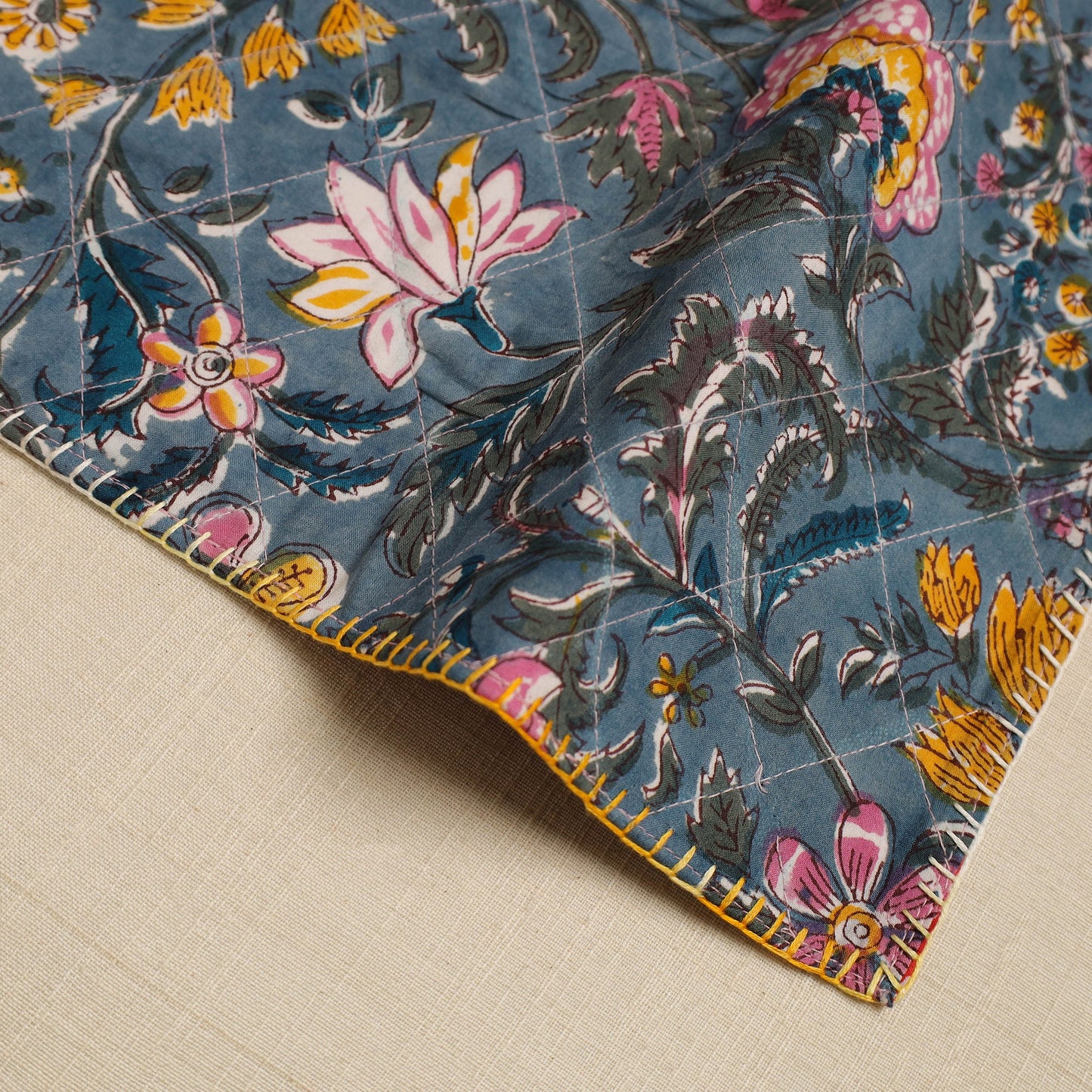 Slate Blue Hand Embroidered Floral Cotton Reversible Table Mat