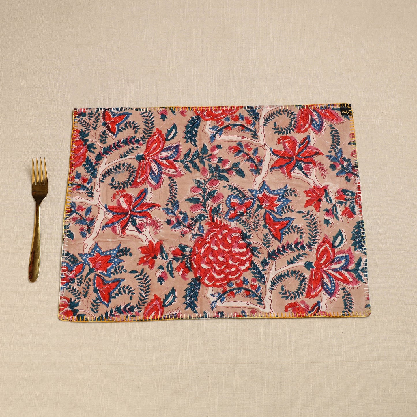 Slate Blue Hand Embroidered Floral Cotton Reversible Table Mat
