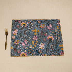 Slate Blue Hand Embroidered Floral Cotton Reversible Table Mat