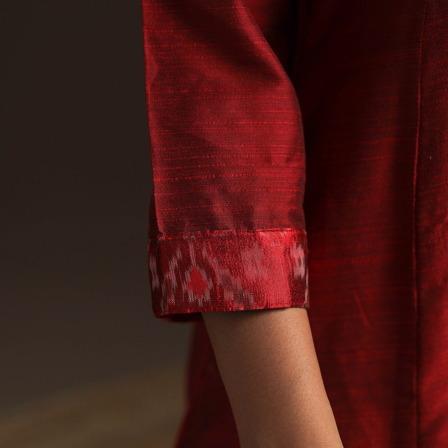 Slub silk a-line plain kurta with ikat patch 01