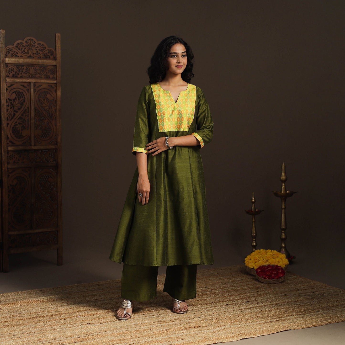 Slub silk a-line plain kurta with ikat patch 06