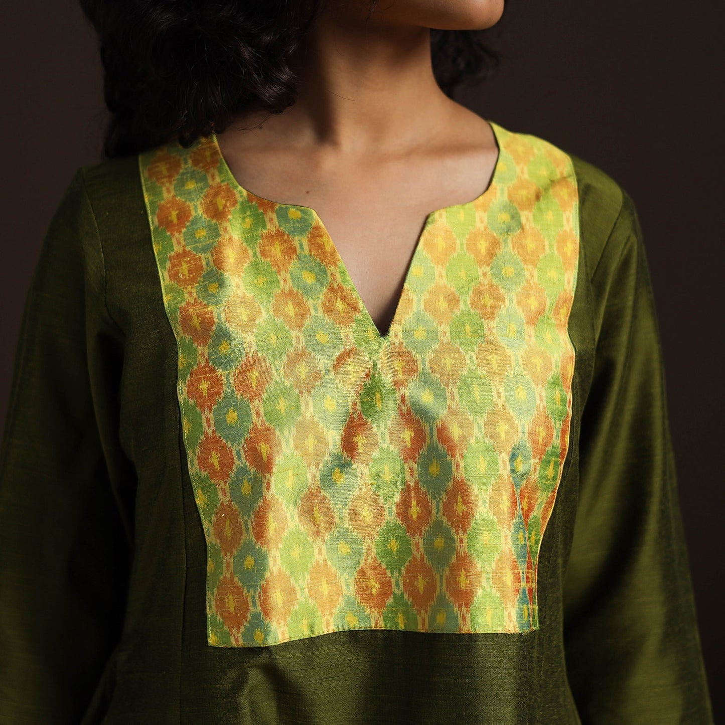 Slub silk a-line plain kurta with ikat patch 06