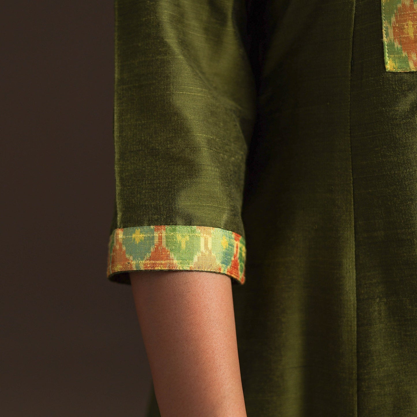 Slub silk a-line plain kurta with ikat patch 06