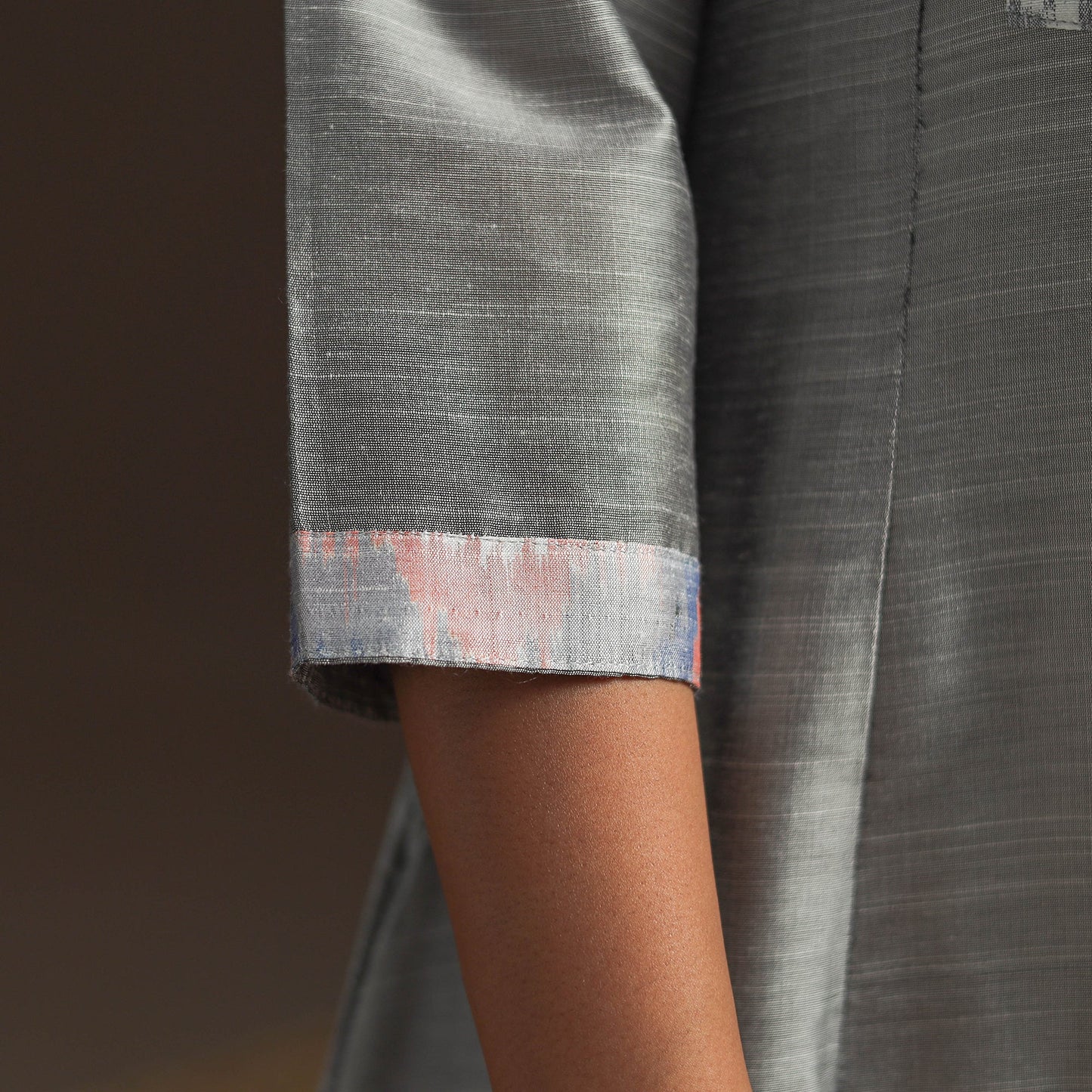 Slub silk a-line plain kurta with ikat patch 07