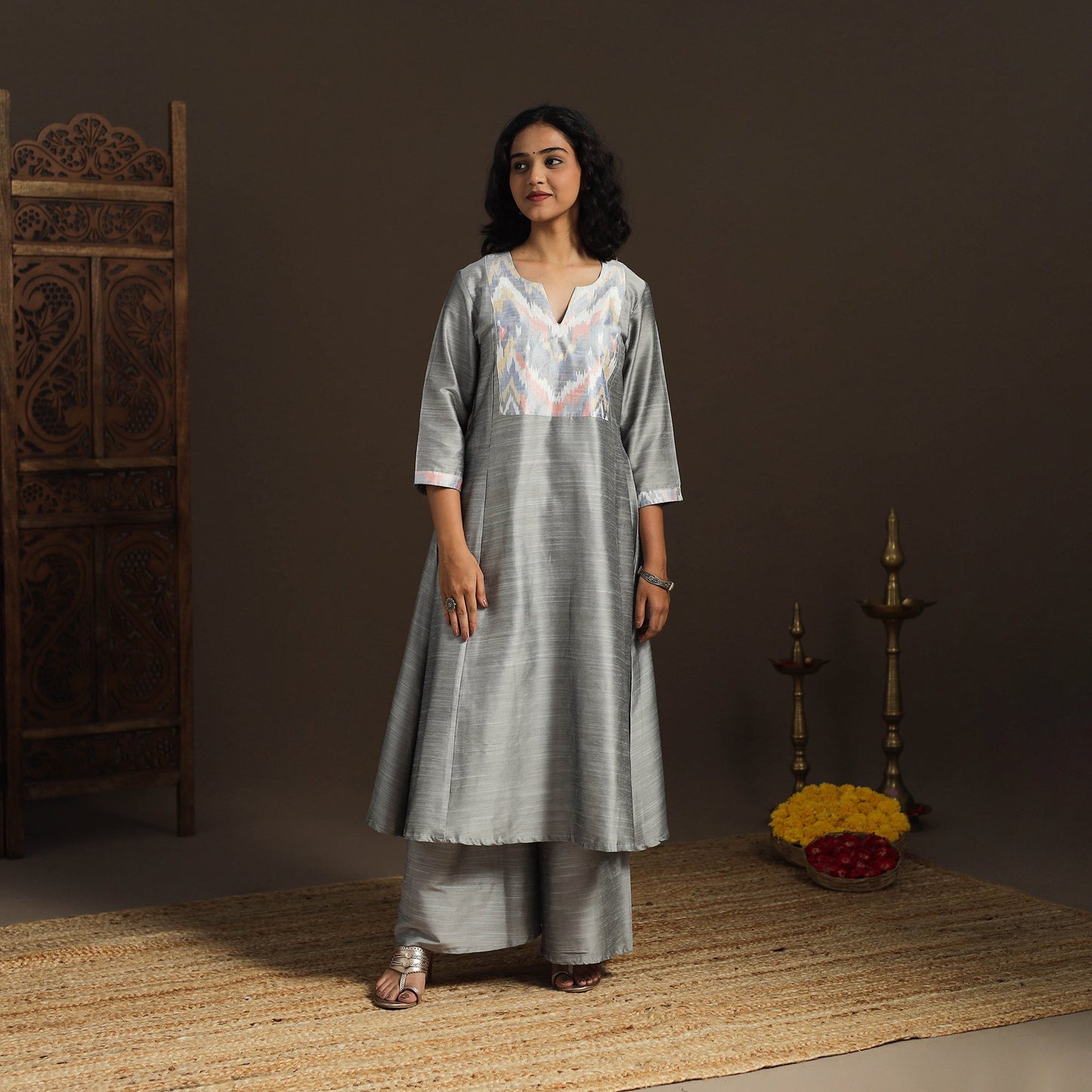 Slub silk a-line plain kurta with ikat patch 07