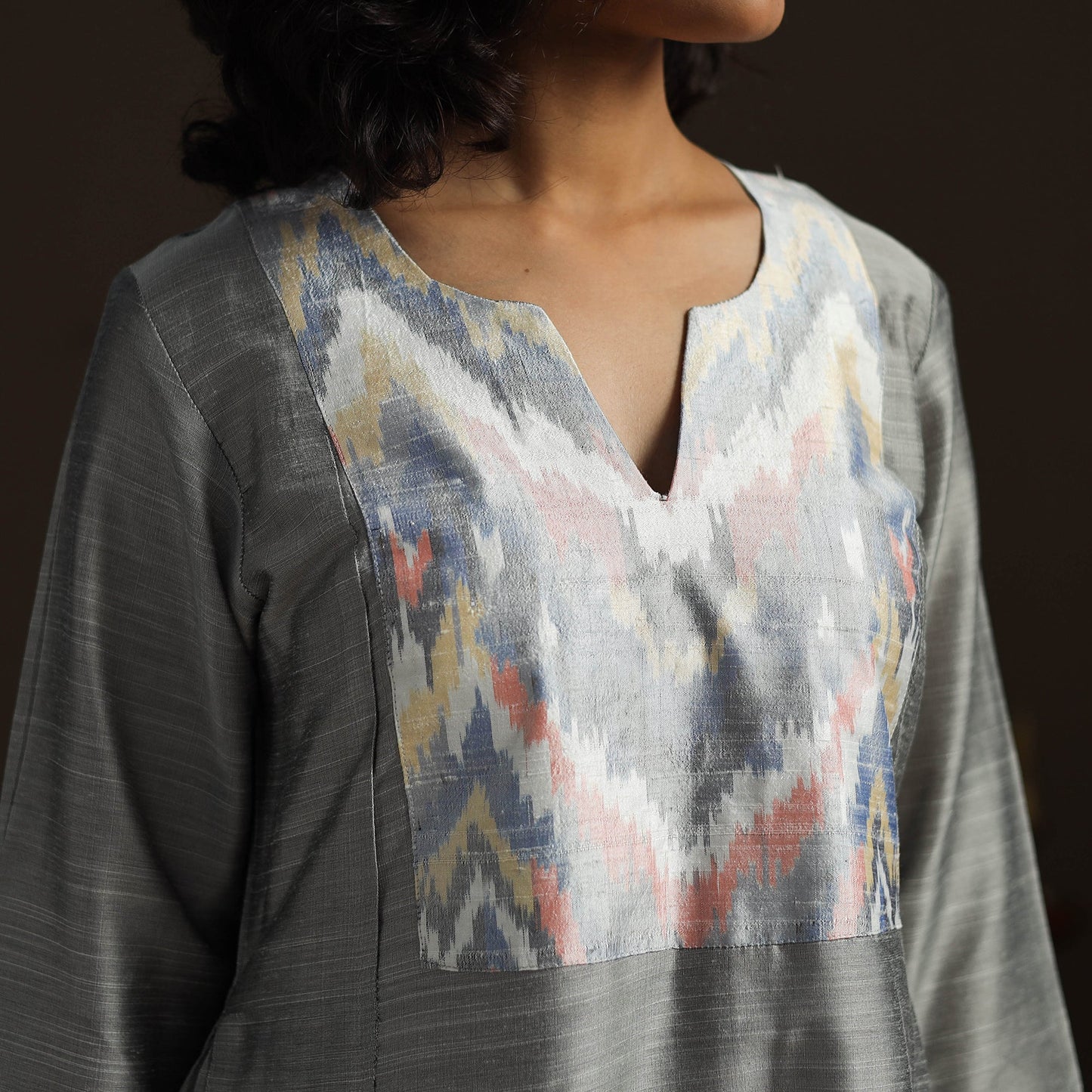 Slub silk a-line plain kurta with ikat patch 07